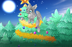 Size: 3685x2423 | Tagged: safe, artist:schokocream, oc, oc only, alicorn, pony, alicorn oc, chest fluff, christmas, christmas tree, commission, ear fluff, full moon, high res, holiday, horn, moon, outdoors, solo, stars, tree, wings, your character here