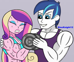 Size: 900x753 | Tagged: safe, artist:dinoknight12, alumnus shining armor, dean cadance, princess cadance, shining armor, equestria girls, g4, barbell, bodybuilder, clothes, dean ca-dense, eyes closed, female, fetish, grin, gritted teeth, male, muscle fetish, muscles, muscular female, muscular male, princess ca-dense, ship:shiningcadance, shipping, simple background, smiling, sports bra, straight, sweat, swelling armor, training, vein, vein bulge, weights