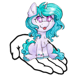 Size: 597x597 | Tagged: safe, artist:lightisanasshole, izzy moonbow, pony, unicorn, g5, my little pony: a new generation, :p, cheek fluff, chest fluff, chibi, colored hooves, cute, ear fluff, female, hand, hooves, it's dangerous to go alone, izzybetes, leg fluff, mare, simple background, sitting, smiling, solo, take this, tongue out, too cute, traditional art, transparent background, watercolor painting