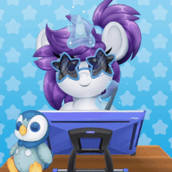 Size: 338x338 | Tagged: safe, artist:partypievt, oc, oc only, oc:indigo wire, piplup, pony, unicorn, animated, cute, gif, looking at you, loop, magic, magic aura, ocbetes, plushie, pokémon, smiling, solo, sunglasses, tablet, tiled background
