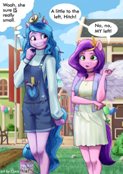 Size: 2480x3508 | Tagged: safe, artist:pwnagespartan, izzy moonbow, pipp petals, pegasus, unicorn, anthro, g5, my little pony: a new generation, adorapipp, balloon, choker, clothes, cloud, compass, cute, dialogue, dress, duo, duo female, female, hammer, height supremacy, high res, horn, horn impalement, implied hitch trailblazer, izzy impaling things, izzy is tol, izzybetes, larger female, marelet, overalls, paint, paint can, pipp is short, screwdriver, size difference, skirt, smaller female, smol, thought bubble, tools, winged humanization, wings
