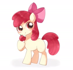 Size: 1942x1858 | Tagged: dead source, safe, artist:ginmaruxx, apple bloom, earth pony, pony, g4, adorabloom, apple, blushing, cute, eating, female, filly, food, herbivore, looking at you, simple background, solo, white background