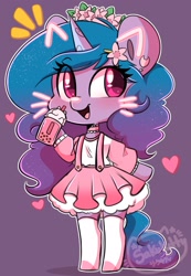 Size: 1417x2048 | Tagged: safe, artist:sakukitty, izzy moonbow, unicorn, semi-anthro, g5, my little pony: a new generation, arm hooves, blushing, clothes, dress, female, food, heart, ice cream, looking at you, simple background, skirt, solo