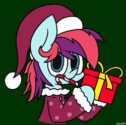 Size: 2405x2386 | Tagged: safe, artist:derpyalex2, oc, oc only, oc:taffy swirl, earth pony, pony, candy, candy cane, christmas, clothes, female, food, hat, high res, holiday, jacket, present, santa hat, sweater