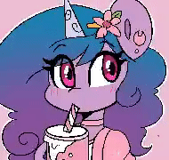 Size: 190x180 | Tagged: safe, artist:sakukitty, izzy moonbow, pony, unicorn, g5, my little pony: a new generation, animated, blinking, cherry blossoms, cup, eye clipping through hair, eyebrows, eyebrows visible through hair, female, flower, flower blossom, flower in hair, gif, gif for breezies, heart, mare, perfect loop, picture for breezies, pixel art, simple background, solo, straw, straw in mouth