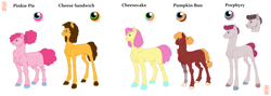 Size: 6000x2142 | Tagged: safe, artist:anelaponela, cheese sandwich, li'l cheese, pinkie pie, oc, oc:porphyry, oc:pumpkin bun, earth pony, pony, g4, the last problem, amputee, curly mane, dyed mane, female, freckles, glasses, male, mare, offspring, parent:cheese sandwich, parent:pinkie pie, parents:cheesepie, prosthesis, prosthetic leg, prosthetic limb, prosthetics, simple background, stallion