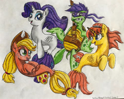Size: 998x800 | Tagged: safe, artist:bozzerkazooers, applejack, rarity, earth pony, pony, seapony (g4), turtle, unicorn, g4, applejack's hat, april o'neil, colored pupils, cowboy hat, crossover, donatello, dorsal fin, female, fish tail, flowing mane, green eyes, hat, horn, looking at each other, open mouth, seaponified, seapony applejack, seapony rarity, simple background, smiling, species swap, tail, teenage mutant ninja turtles, teeth, white background