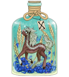 Size: 1920x2165 | Tagged: safe, artist:dachiia, oc, oc only, earth pony, pony, bottle, bubble, cork, female, flower, flowing tail, glass, glowing, looking up, mare, open mouth, rope, simple background, solo, tail, teeth, this will end in drowning, transparent background, underwater, water