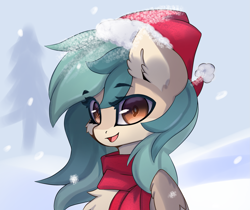 Size: 2689x2257 | Tagged: safe, artist:jfrxd, oc, oc only, oc:peacher, pegasus, pony, bust, chest fluff, christmas, christmas theme, clothes, ear fluff, female, hat, high res, holiday, looking at you, orange eyes, pegasus oc, red scarf, santa hat, scarf, smiling, smiling at you, solo, wings