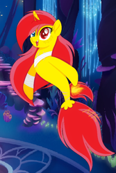 Size: 536x802 | Tagged: safe, artist:xxmaikhanhflarexx, oc, oc only, seapony (g4), unicorn, base used, coral, dorsal fin, female, fish tail, flowing mane, flowing tail, horn, ocean, open mouth, open smile, red mane, seaponified, seaquestria, seaweed, smiling, solo, species swap, swimming, tail, underwater, water