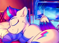 Size: 2878x2123 | Tagged: safe, artist:legionsunite, zipp storm, pegasus, pony, g5, my little pony: a new generation, adorazipp, bedroom, butt, clothes, colored wings, cute, eyebrow slit, eyebrows, eyes closed, female, high res, lying down, multicolored wings, pillow, plot, prone, sleeping, smiling, socks, solo, striped socks, wings