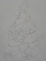 Size: 1944x2592 | Tagged: safe, artist:princebluemoon3, idw, captain celaeno, princess ocypete, g4, adorable distress, cute, duo, duo female, eyes closed, female, grayscale, happy, hug, monochrome, puffy cheeks, scene interpretation, sketch, traditional art