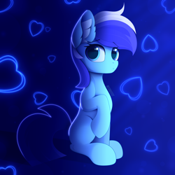 Size: 3000x3000 | Tagged: dead source, safe, artist:alexbefest, minuette, earth pony, pony, unicorn, g4, blue, cute, eyebrows, eyebrows visible through hair, eyes open, female, high res, minubetes, neon, sitting, solo, uwu, without horn