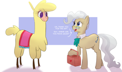 Size: 2028x1204 | Tagged: safe, artist:hitsuji, mayor mare, paprika (tfh), alpaca, earth pony, pony, them's fightin' herds, g4, basket, cloven hooves, community related, cravat, duo, female, glasses, heart, looking at each other, mare, simple background