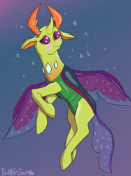 Size: 1024x1366 | Tagged: safe, artist:saphire-dragon42, thorax, changedling, changeling, g4, blue background, blushing, flying, glitter, horns, king thorax, male, purple eyes, signature, simple background, smiling, solo, sparkles, spread wings, wings