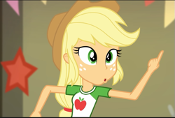 Size: 593x400 | Tagged: safe, edit, edited screencap, screencap, applejack, human, equestria girls, equestria girls specials, g4, my little pony equestria girls: better together, my little pony equestria girls: holidays unwrapped, applejack is best facemaker, clothes, collar, cowboy hat, female, hat, humanized, missing accessory, mooing, pointing up, shirt, solo, t-shirt, teenager, whistling