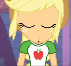 Size: 626x584 | Tagged: safe, edit, edited screencap, screencap, applejack, human, equestria girls, equestria girls specials, g4, my little pony equestria girls: better together, my little pony equestria girls: rollercoaster of friendship, clothes, collar, cowboy hat, eyes closed, faic, female, hat, humanized, missing accessory, mooing, shirt, t-shirt, teenager, whistling