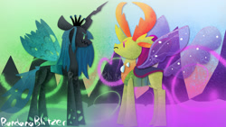 Size: 1280x720 | Tagged: safe, artist:bandanablitzer, queen chrysalis, thorax, changedling, changeling, g4, angry, changeling hive, crown, evil grin, female, green eyes, green mane, grin, horn, horns, jewelry, king thorax, looking at each other, magic, magic aura, male, purple eyes, regalia, signature, sky, smiling, spread wings, wings