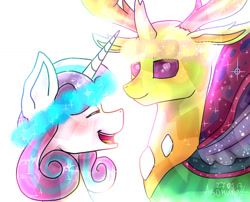 Size: 1024x826 | Tagged: safe, artist:a-vomikaa, princess flurry heart, thorax, alicorn, changedling, changeling, pony, g4, blushing, female, glitter, horn, horns, king thorax, looking at each other, magic, male, open mouth, open smile, purple mane, signature, simple background, smiling, sparkles, spread wings, teeth, white background, wings