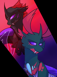 Size: 1536x2048 | Tagged: safe, artist:paintedsnek, pharynx, changedling, changeling, g4, clothes, digital art, fangs, flying, grin, horn, horns, male, prince pharynx, purple eyes, signature, simple background, smiling, solo, teeth, wings