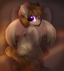 Size: 2480x2775 | Tagged: safe, artist:janelearts, oc, oc only, oc:talu gana, pegasus, pony, bed, commission, commissioner:biohazard, cowboy hat, ear fluff, eyebrows, eyebrows visible through hair, hat, high res, lying down, male, on back, on bed, pegasus oc, pillow, purple eyes, solo, spread wings, stallion, stetson, wings, ych result