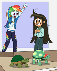 Size: 1200x1500 | Tagged: safe, artist:mew-me, rainbow dash, tank, human, tortoise, equestria girls, g4, crossover, disney, eyebrows, eyebrows visible through hair, female, frown, grin, libby stein-torres, male, open mouth, open smile, smiling, spongebob in the comments, the ghost and molly mcgee