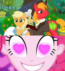 Size: 852x936 | Tagged: safe, edit, edited screencap, screencap, applejack, big macintosh, mayor mare, pinkie pie, coinky-dink world, equestria girls, g4, my little pony equestria girls: summertime shorts, the big mac question, applecest, brother and sister, clothes swap, female, heart eyes, incest, male, meme, pinkie's eyes, ship:applemac, shipping, siblings, straight, wingding eyes