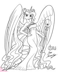 Size: 977x1200 | Tagged: safe, artist:sepiakeys, princess celestia, alicorn, anthro, g4, alternate hairstyle, clothes, crossover, dress, female, monochrome, moon, queen serenity, sailor moon (series), solo, staff, wings