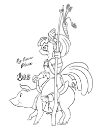 Size: 888x1200 | Tagged: safe, artist:sepiakeys, apple bloom, pig, anthro, unguligrade anthro, g4, carrot, carrot on a stick, clothes, food, monochrome, overalls, solo