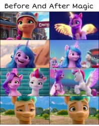 Size: 720x916 | Tagged: safe, edit, edited screencap, screencap, hitch trailblazer, izzy moonbow, pipp petals, sunny starscout, zipp storm, earth pony, pegasus, pony, unicorn, g5, my little pony: a new generation, spoiler:my little pony: a new generation, artificial wings, augmented, before and after, comparison, female, flying, glowing, glowing horn, glowing wings, grin, hilarious in hindsight, horn, magic, magic horn, magic wings, male, mane five, mare, meme, one of these things is not like the others, open mouth, open smile, race swap, smiling, stallion, sunnycorn, text, this didn't age well, unicorn magic