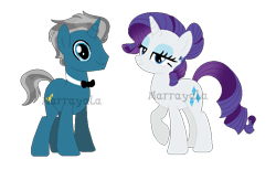 Size: 764x471 | Tagged: safe, artist:marrayala, artist:selenaede, fashion plate, rarity, pony, unicorn, g4, alternate hairstyle, base used, bedroom eyes, bowtie, female, male, mare, rariplate, shipping, simple background, stallion, straight, transparent background, watermark