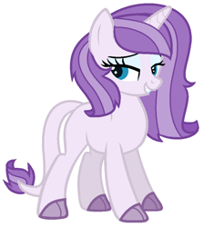 Size: 802x894 | Tagged: safe, artist:cutepuppygirl10, oc, oc only, oc:sapphire, dracony, hybrid, pony, unicorn, blue eyes, eyeshadow, female, full body, horn, interspecies offspring, lidded eyes, makeup, mare, offspring, parent:rarity, parent:spike, parents:sparity, show accurate, simple background, smiling, solo, standing, tail, two toned mane, white background
