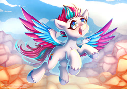 Size: 1414x1000 | Tagged: safe, artist:chaosangeldesu, zipp storm, pegasus, pony, g5, my little pony: a new generation, adorazipp, blushing, cloud, commission, cute, female, flying, happy, mare, open mouth, open smile, smiling, solo, unshorn fetlocks