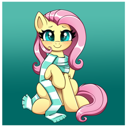 Size: 4000x4000 | Tagged: safe, artist:confetticakez, fluttershy, pegasus, pony, g4, absurd resolution, blushing, clothes, cute, female, gradient background, looking at you, mare, raised hoof, scarf, shyabetes, sitting, smiling, smiling at you, solo, striped scarf