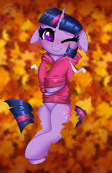 Size: 2580x4000 | Tagged: safe, alternate character, alternate version, artist:confetticakez, twilight sparkle, alicorn, pony, g4, autumn, autumn leaves, blushing, c:, clothes, commission, cute, female, floppy ears, hoodie, leaf, leaves, lying down, mare, on back, one eye closed, patreon, patreon reward, smiling, solo, twiabetes, twilight sparkle (alicorn), wink, ych result