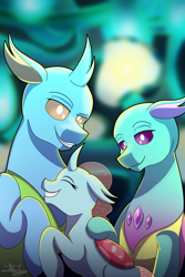 Size: 1600x2400 | Tagged: safe, artist:littletigressda, carapace (g4), ocellus, spiracle, changedling, changeling, g4, commission, commissioner:navelcolt, cute, diaocelles, family, fanfic, fanfic art, fanfic cover, father and child, father and daughter, female, floppy ears, happy, hug, husband and wife, male, mother and child, mother and daughter, no pupils, parent and child, smiling