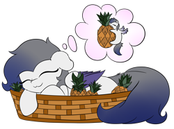 Size: 2562x1910 | Tagged: safe, artist:beigedraws, oc, oc only, oc:misty, pegasus, pony, :3, female, food, herbivore, pineapple, simple background, sleeping, solo, transparent background