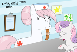 Size: 4500x3000 | Tagged: safe, artist:oobrushstrokeoo, nurse redheart, sweetie belle, earth pony, pony, unicorn, g4, bandaid, crying, duo, eyes closed, female, filly, high res, injured, mouth hold, smiling