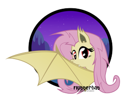 Size: 6500x5282 | Tagged: safe, artist:oobrushstrokeoo, fluttershy, bat pony, pony, g4, absurd resolution, bat ponified, bat wings, fangs, female, flutterbat, looking at you, looking back, looking back at you, mare, night, partial background, race swap, red eyes, simple background, solo, spread wings, transparent background, wings