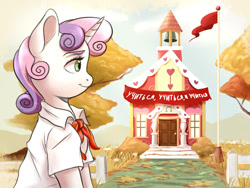Size: 1280x960 | Tagged: safe, artist:gloomydinosaur, sweetie belle, pony, unicorn, g4, clothes, cute, cyrillic, diasweetes, female, flagpole, neckerchief, pioneer, ponyville schoolhouse, school uniform, shirt, solo, soviet, soviet union, translated in the comments