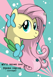 Size: 3000x4371 | Tagged: safe, artist:oobrushstrokeoo, fluttershy, pegasus, pony, g4, the best night ever, abstract background, bust, clothes, dress, female, flower, flower in hair, gala dress, grand galloping gala, high res, looking at you, mare, quote, smiling, solo, three quarter view