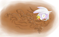 Size: 1280x814 | Tagged: safe, artist:pzkratzer, gilda, griffon, g4, fail, female, mud, mud bath, mud pit, partially submerged, paws, slipped, solo, swamp, underpaw, wet and messy