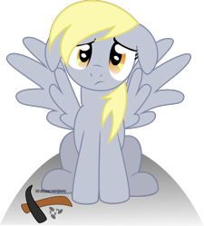 Size: 1409x1566 | Tagged: safe, artist:oobrushstrokeoo, derpy hooves, pegasus, pony, g4, female, floppy ears, mare, pickaxe, sad, simple background, solo, transparent background