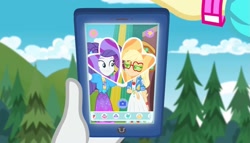 Size: 1449x828 | Tagged: safe, screencap, applejack, rarity, equestria girls, g4, my little pony equestria girls: better together, cellphone, duo, female, offscreen character, phone, selfie, smartphone, smiling