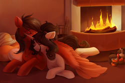 Size: 4500x3000 | Tagged: safe, artist:neonishe, oc, oc only, pegasus, pony, unicorn, complex background, duo, female, fireplace, floppy ears, hug, male, oc x oc, pillow, plushie, shipping, straight, winghug, wings