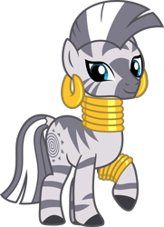 Size: 984x1362 | Tagged: safe, artist:lightningbolt, derpibooru exclusive, zecora, pony, zebra, g4, .svg available, bracelet, ear piercing, earring, female, jewelry, looking at you, mare, neck rings, necklace, piercing, quadrupedal, raised hoof, show accurate, simple background, solo, standing, stripes, svg, transparent background, vector