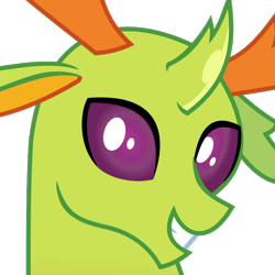Size: 709x709 | Tagged: safe, artist:lightningbolt, derpibooru exclusive, thorax, changedling, changeling, derpibooru, g4, .svg available, bust, derpibooru badge, grin, horn, king thorax, looking at you, male, meta, quadrupedal, show accurate, simple background, smiling, solo, svg, transparent background, vector