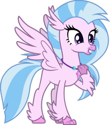 Size: 1397x1580 | Tagged: safe, artist:lightningbolt, derpibooru exclusive, silverstream, classical hippogriff, hippogriff, g4, .svg available, beak, colored pupils, female, fluffy, grin, happy, jewelry, necklace, quadrupedal, raised arm, raised talon, show accurate, simple background, smiling, solo, spread wings, standing, svg, talons, transparent background, vector, wings