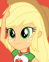 Size: 434x554 | Tagged: safe, applejack, human, equestria girls, g4, my little pony equestria girls: better together, official, cowboy hat, female, geode of super strength, green eyes, hat, magical geodes, new outfit, red background, simple background, solo, updated, updated design