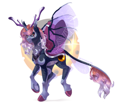 Size: 1280x1094 | Tagged: safe, artist:artistgenepal, oc, oc only, alicorn, changedling, changeling, pony, bat wings, butterfly wings, clothes, ear fluff, ethereal mane, fangs, female, glitter, horn, horns, hybrid wings, leonine tail, orange eyes, pink mane, signature, simple background, solo, sparkles, speedpaint, spread wings, starry mane, stars, tail, teeth, transparent background, wings
